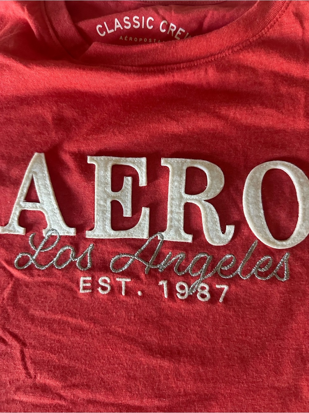 Aeropostale Red Short Sleeve Logo Tee with White Silver Embroidery